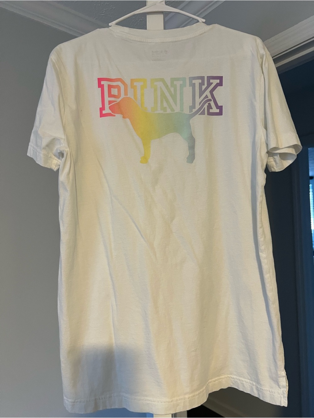 PINK Victoria's Secret White Tee with Rainbow Dog Logo